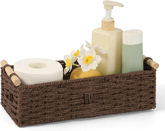 Wicker Basket | Toilet Paper Storage with Wooden Handle - Decorative Organizing Solution for Any Decor