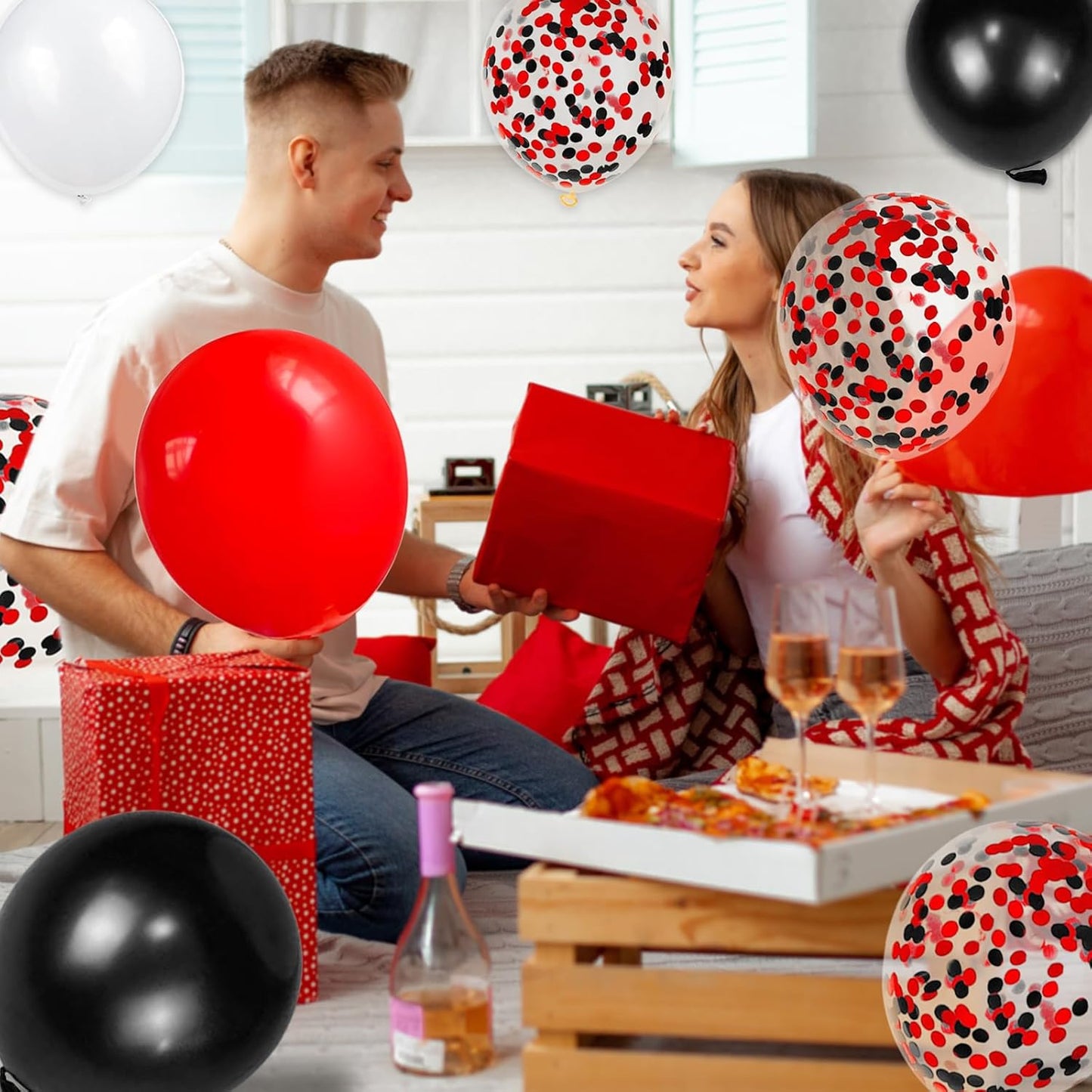 Regine Switzerland 68Pcs Latex Balloons - Red, Black & White with Confetti for Birthday, Wedding & Graduation