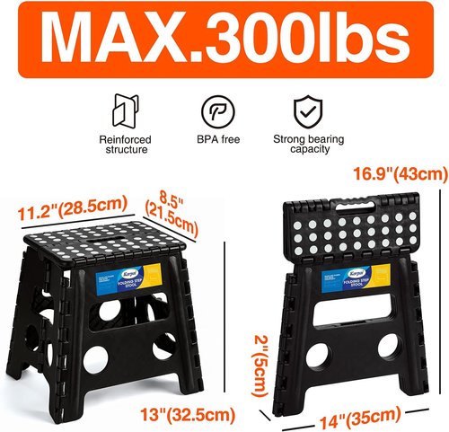 Korpai Folding Step Stool - 13-Inch Non-Slip Stool for Adults & Kids | Collapsible Design, Black