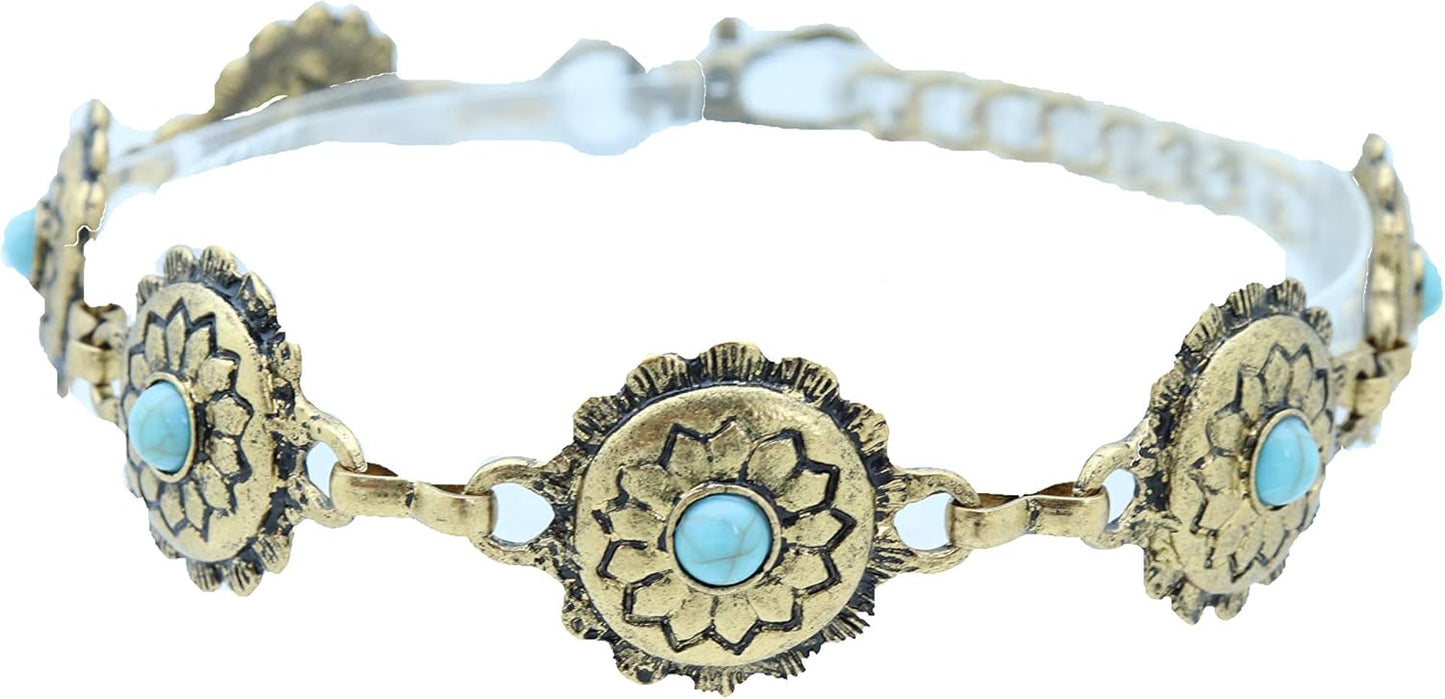 Skiennix Women's Western Antique Metal Boot Chain Anklet - Turquoise Blue Bead Flower Charm