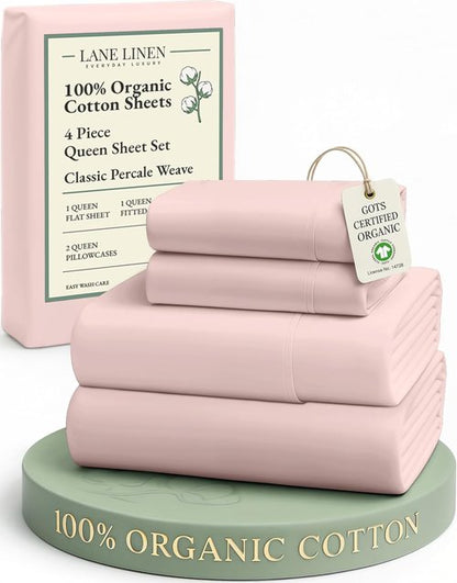 **LANE LINEN Eco-Friendly 100% Organic Cotton Queen Sheets - Mercerized, Fade Resistant, Dusty Rose**