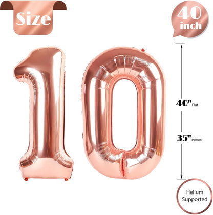 Rose Gold Number 10 Balloon - 40 Inch 10th Birthday Decoration for Girls & Boys