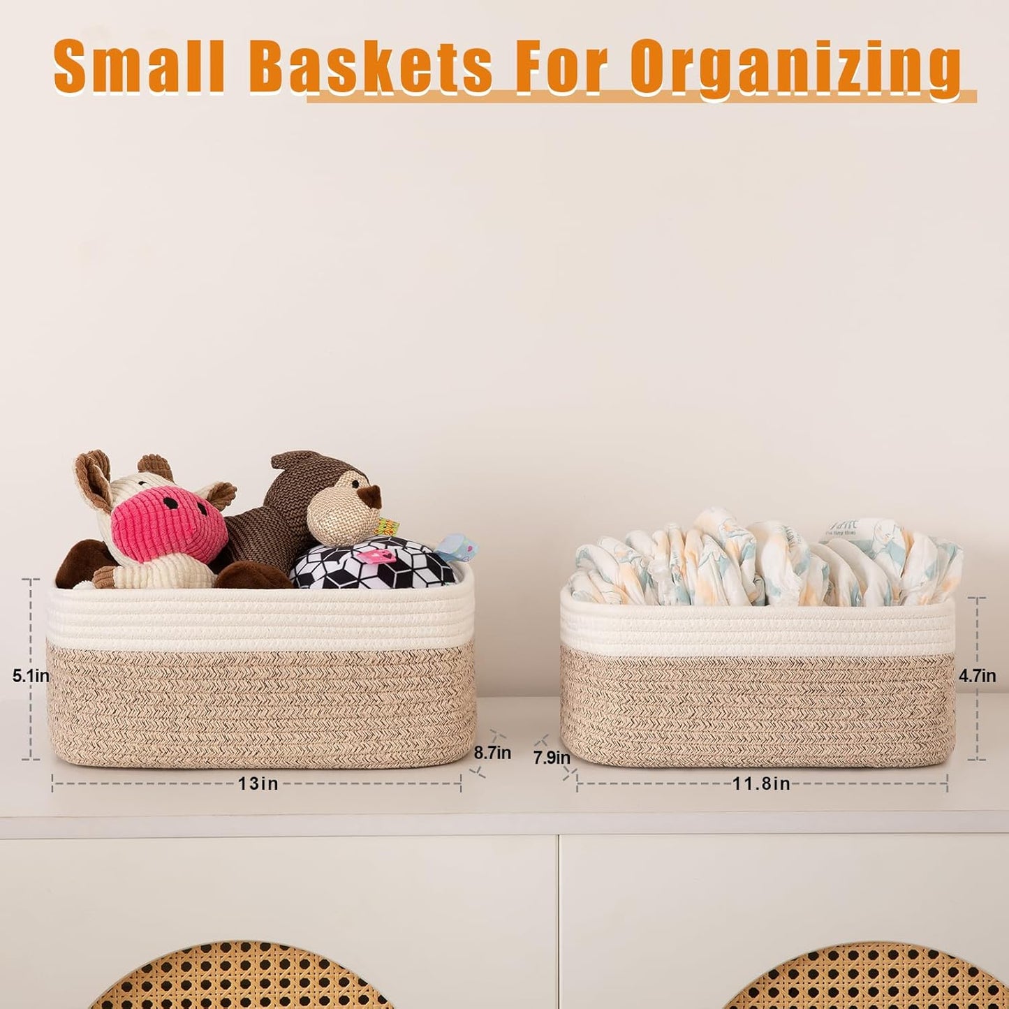 OIAHOMY Storage Baskets - 4 Pack Cute Decorative Organizers for Shelves | 11.8''L x 7.8''W x 4.7''H, Brown/White