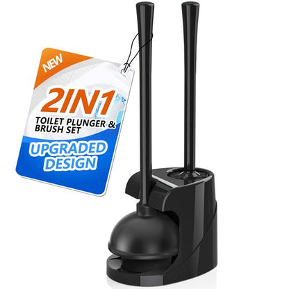 Toilet Plunger and Brush with Holder, Bowl Brush and Heavy Duty Toilet Plunger Set for 5.7-inch Toilet Drain, 2-in-1 Bathroom Cleaning Combo with Modern Caddy Stand (Black)