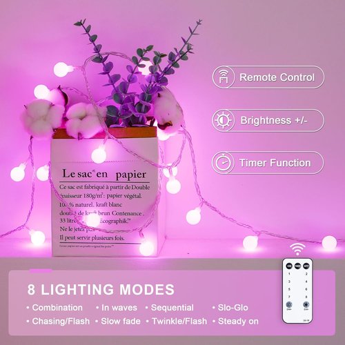 JMEXSUSS 100 LED Pink String Lights - 33 ft Connectable Globe Fairy Lights with Remote for Bedroom Decor