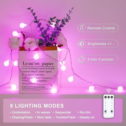 JMEXSUSS 100 LED Pink String Lights - 33 ft Connectable Globe Fairy Lights with Remote for Bedroom Decor