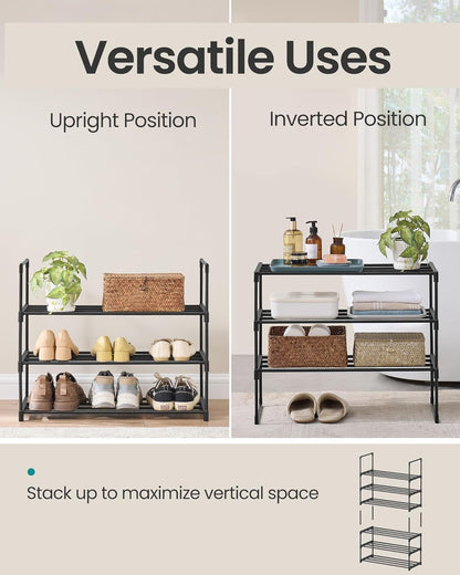 SONGMICS 3-Tier Shoe Rack - Stackable Metal Organizer for 8-12 Pairs | Black, 11.8 x 26.8 x 21.7 Inches