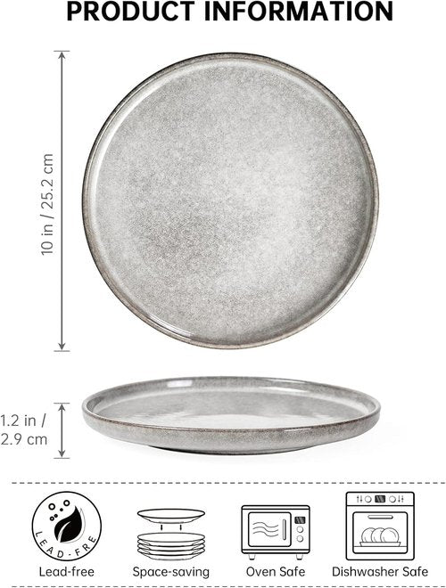 Henten Home 10-Inch Ceramic Dinner Plates - Set of 4 Fluted Round Porcelain Steak Plates | Scratch Resistant (Grey)