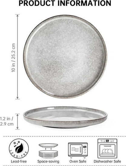 Henten Home 10-Inch Ceramic Dinner Plates - Set of 4 Fluted Round Porcelain Steak Plates | Scratch Resistant (Grey)