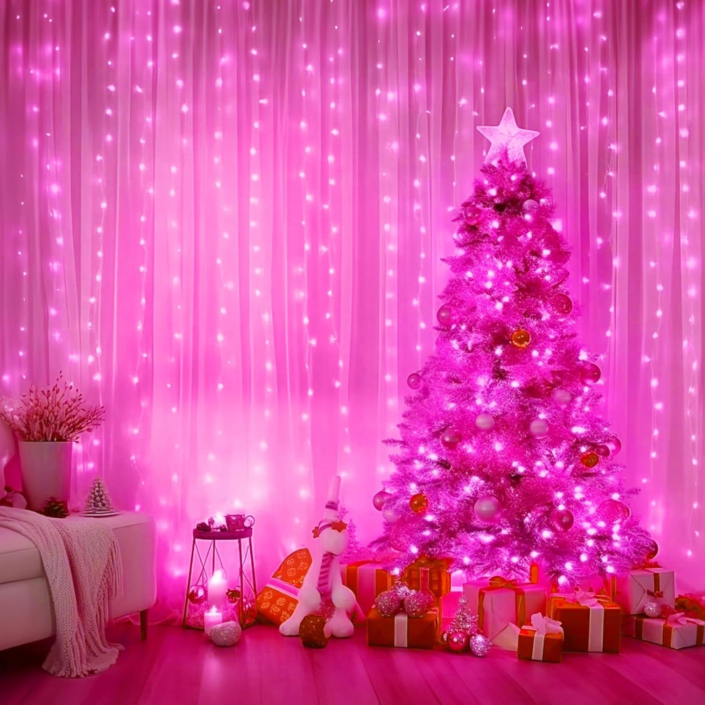 Minetom 300 LED Curtain Lights - Dimmable Fairy Lights with Remote & Timer | USB Powered Pink Decor