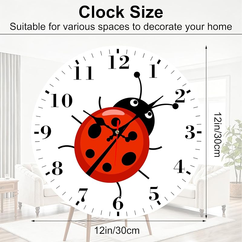 12" Silent Round Wall Clock with Cute Ladybug Design - Non-Ticking