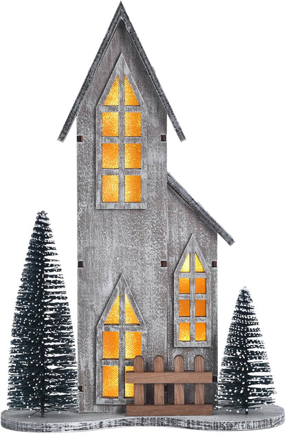 Skiennix Wooden Christmas Village House - LED Lighted Tabletop Decor with Tree | Winter Holiday Centerpiece (Style A)