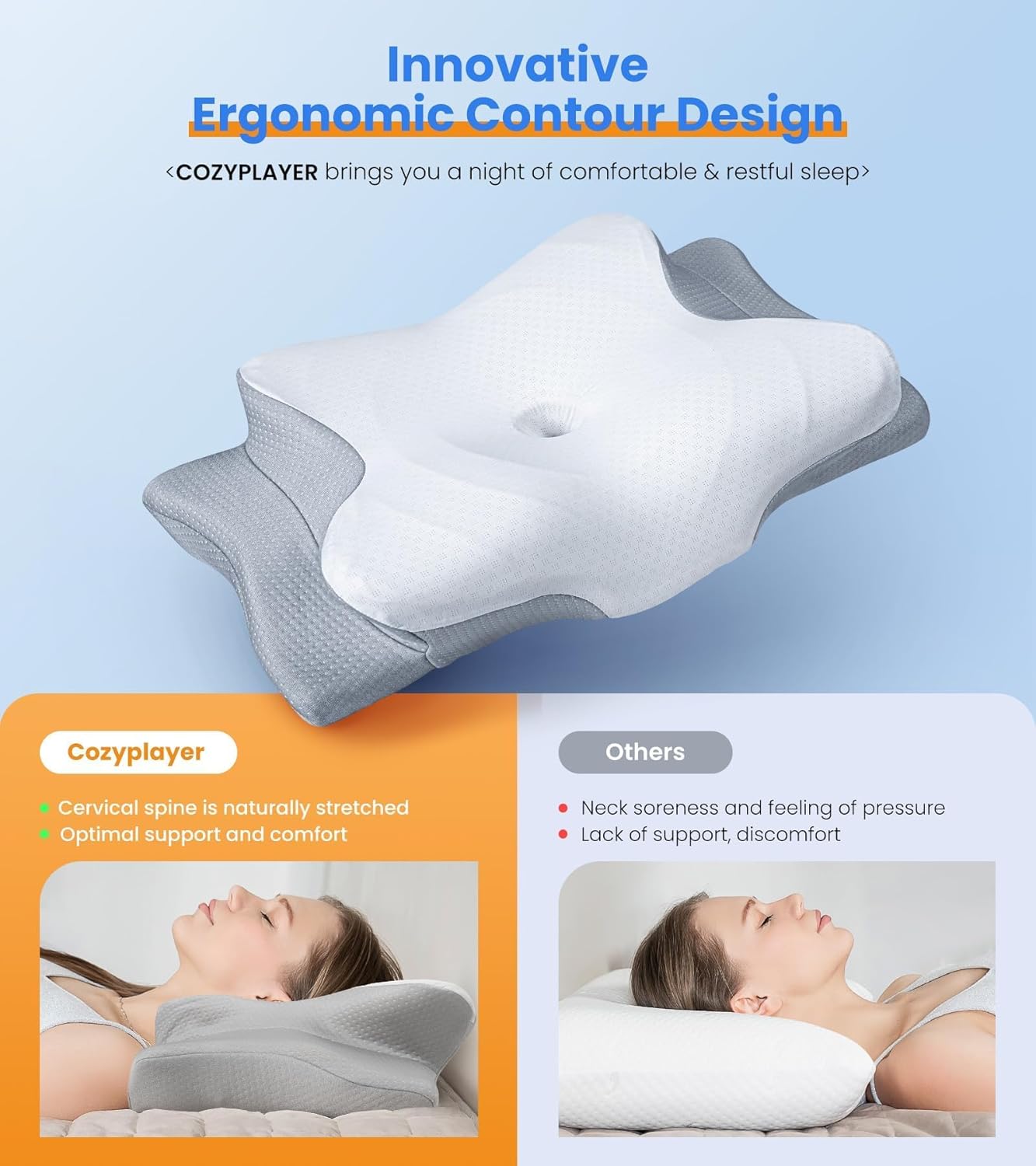 Skiennix Ultra Pain Relief Cooling Pillow - Adjustable Ergonomic Memory Foam for Neck Support | Cozy & Odorless