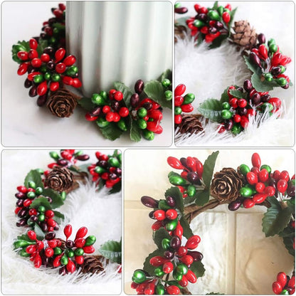 PRETYZOOM Christmas Candle Rings - 4Pcs Artificial Berry Mini Wreaths for Pillar Candles | Rustic Holiday Decor
