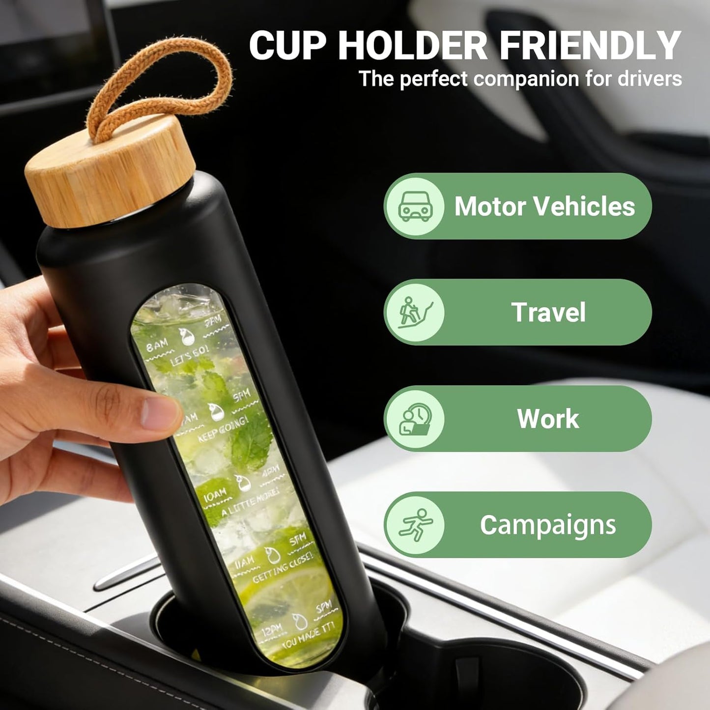 Sursip 32 Oz Glass Water Bottle - BPA-Free, Motivational Time Marker, Leak-Proof Design with Bamboo Lid