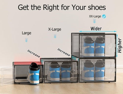 Kuject Shoe Storage Boxes - XX-Large Clear Plastic Organizers | Stackable 12-Pack for Closet & Under Bed, Black