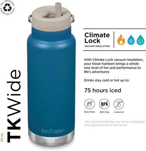 Klean Kanteen 32oz TKWide Insulated Water Bottle - Durable Twist Cap in Corsair Color