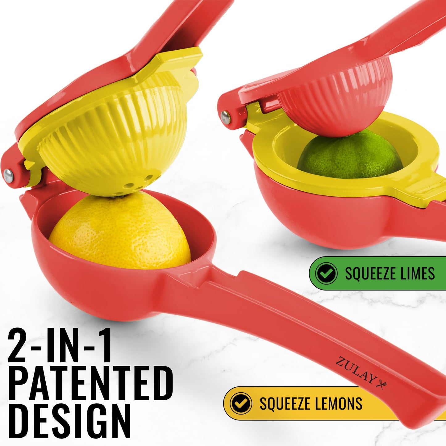 Zulay Metal 2-In-1 Lemon Squeezer Manual - Sturdy, Max Extraction Hand Juicer Lemon Squeezer Gets Every Last Drop - Easy to Clean Manual Citrus Juicer - Easy-to-Use Lemon Juicer Squeezer - Red/Yellow