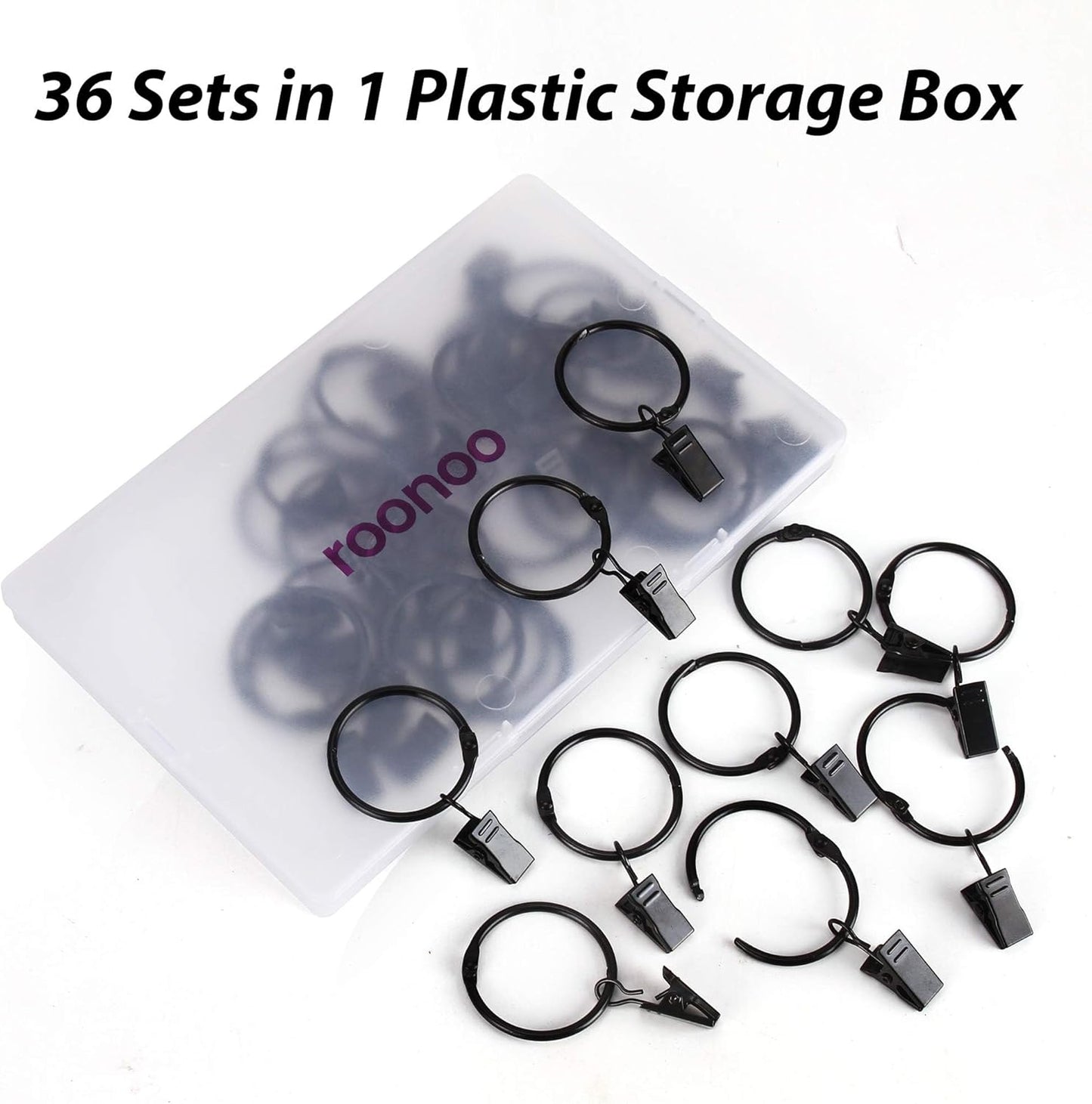 Skiennix 36-Pack Metal Curtain Rings - Openable Clips, Heavy Duty, Rustproof | 1.22" Diameter, Black