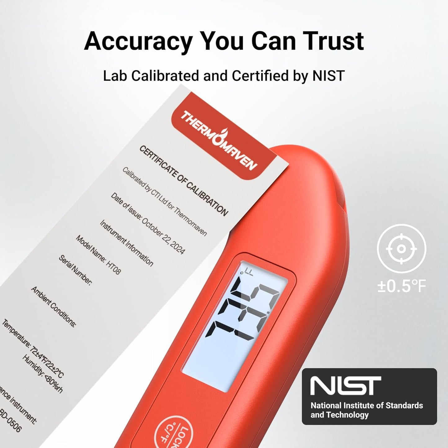 Professional Meat Thermometer - NIST Certified Accuracy ±0.5℉ | Instant Read, Waterproof, Auto-Rotate Display, Red