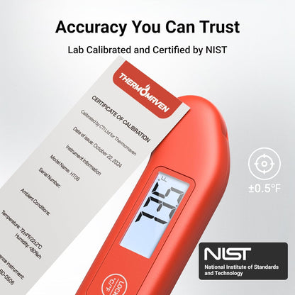Professional Meat Thermometer - NIST Certified Accuracy ±0.5℉ | Instant Read, Waterproof, Auto-Rotate Display, Red