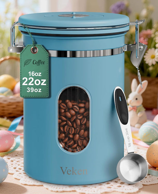 Veken Coffee Canister - Airtight Stainless Steel Container with Window | 22oz Blue for Grounds & Beans