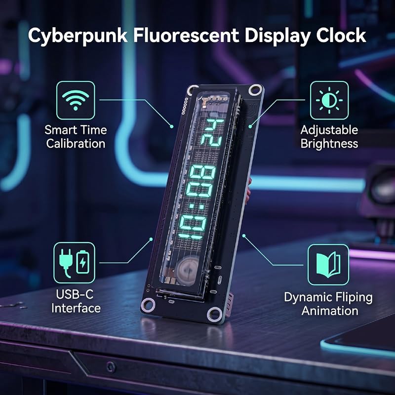 WiFi Auto-Set Fluorescent Desk Clock with USB-C, Cyberpunk Flip Display
