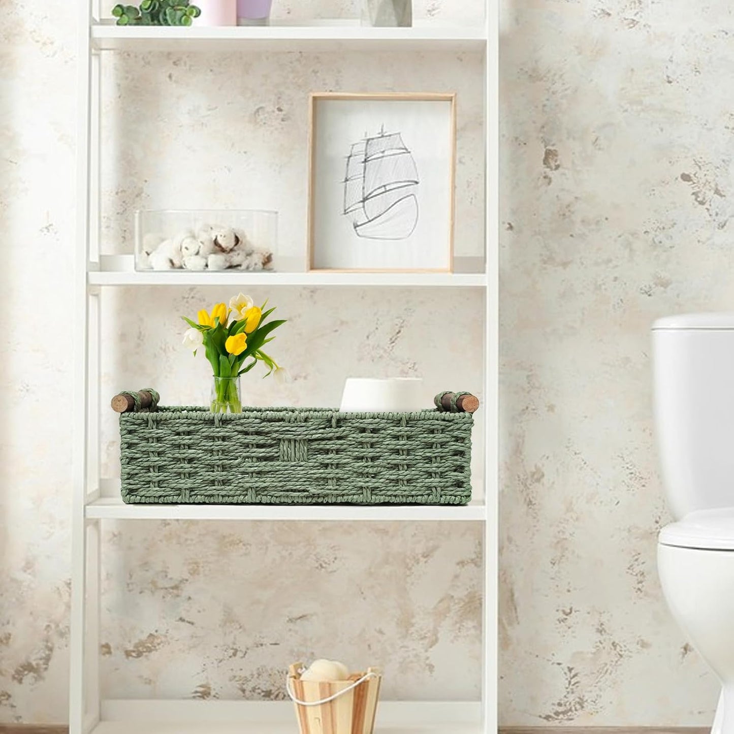 Skiennix Round Paper Rope Storage Basket - Decorative Wicker Organizer with Handle | Green, Small Size