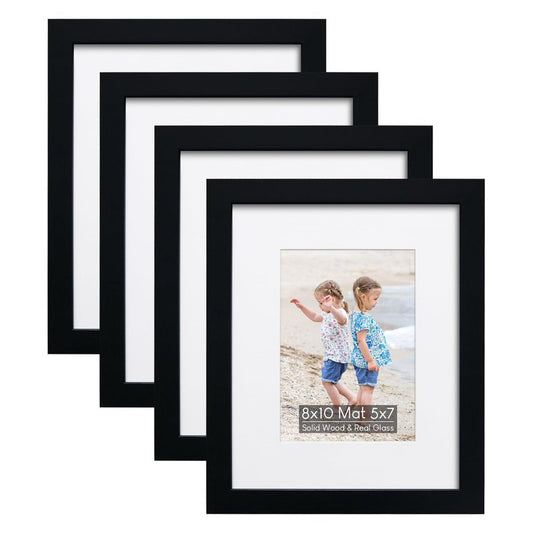 NWDCLF 8x10 Wooden Picture Frame Set of 4 (with 5x7 Mat), Solid Wood with Real HD Glass, for Tabletop or Wall Mount, Home Office Photo Frames Collage Wall Décor, Black