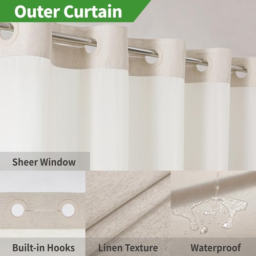 eachope No Hooks Needed Linen Textured Shower Curtain with Snap-in Fabric Liner Set,Cream Hotel Luxury Decor Shower Curtains for Bathroom,Waterproof & Washable,71Wx77H