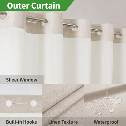 eachope No Hooks Needed Linen Textured Shower Curtain with Snap-in Fabric Liner Set,Cream Hotel Luxury Decor Shower Curtains for Bathroom,Waterproof & Washable,71Wx77H
