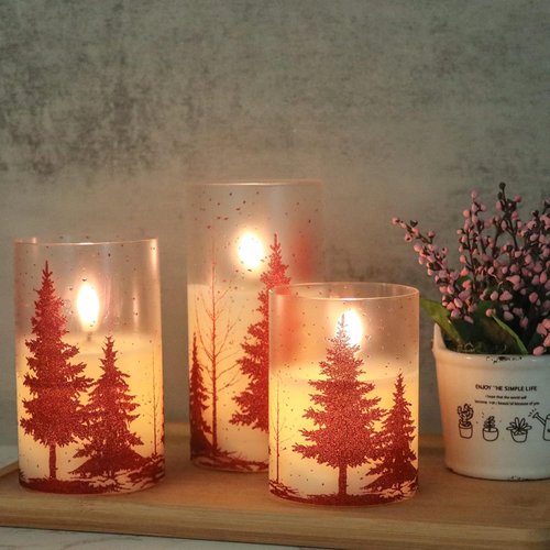 DRomance Flameless Christmas Tree Candles - Remote Timer, Real Wax, 3D Wick | Red, Set of 3 (3, 4, 5, 6 Inch)
