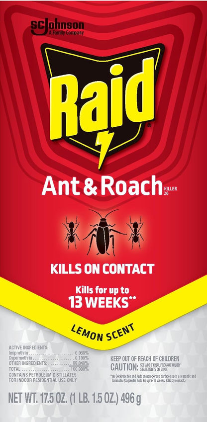 Raid Ant & Roach Killer Spray - Long-Lasting Lemon Scent Formula for Effective Bug Control | 17.5 oz