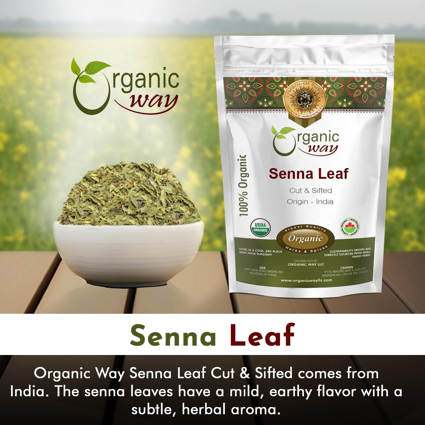 Organic Way Senna Leaf Cut & Sifted (Cassia angustifolia) - Herbal Tea | Kosher & USDA Certified | Vegan, Non-GMO & Gluten Free | Tested for Heavy Metal | 100% Raw from India (1LBS / 16Oz.)