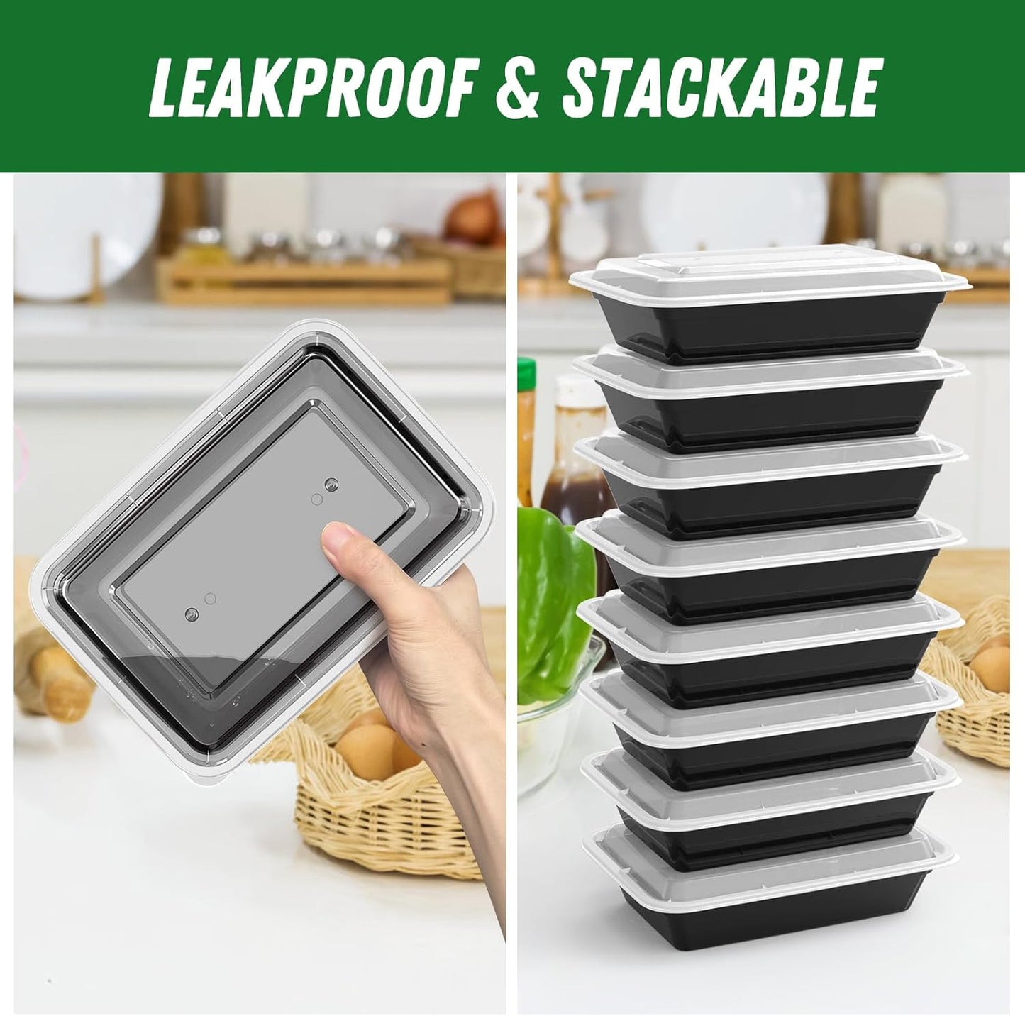 Regine Switzerland 32 oz Meal Prep Containers - 50 Pack of Reusable, Leakproof Food Storage Pans | Microwave & Dishwasher Safe, Black