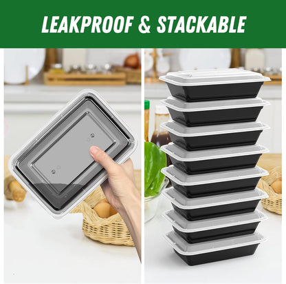 Regine Switzerland 32 oz Meal Prep Containers - 50 Pack of Reusable, Leakproof Food Storage Pans | Microwave & Dishwasher Safe, Black