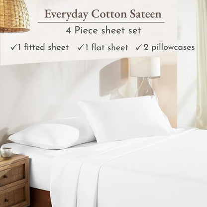 California Design Den Queen Sheet Set - 100% Natural Cotton Bedding with Deep Pockets, Soft Sateen Weave (White)