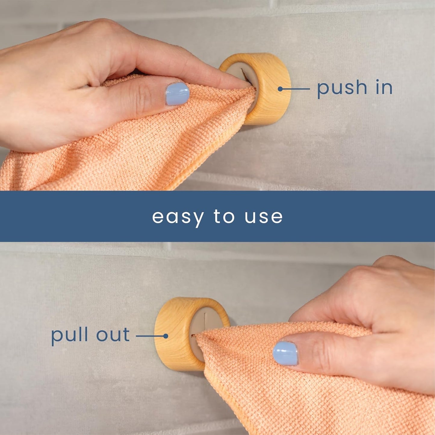 S&T INC. Round Adhesive Towel Hooks - Durable Plastic & Bamboo Design | 4 Pack for Kitchen Use