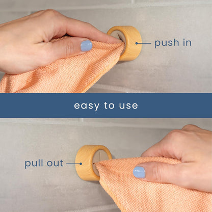 S&T INC. Round Adhesive Towel Hooks - Durable Plastic & Bamboo Design | 4 Pack for Kitchen Use