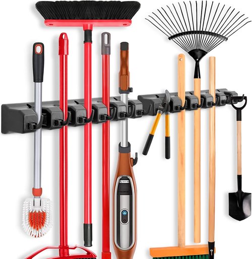 IMILLET Mop and Broom Holder - Wall Mounted Organizer with 5 Ball Slots & 6 Hooks | Black, 2 Pack