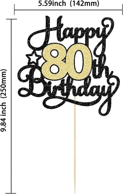 Happy 80th Birthday Cake Topper by [Brand Name] - Black Gold Glitter Design | Perfect for 80th Anniversary Celebrations