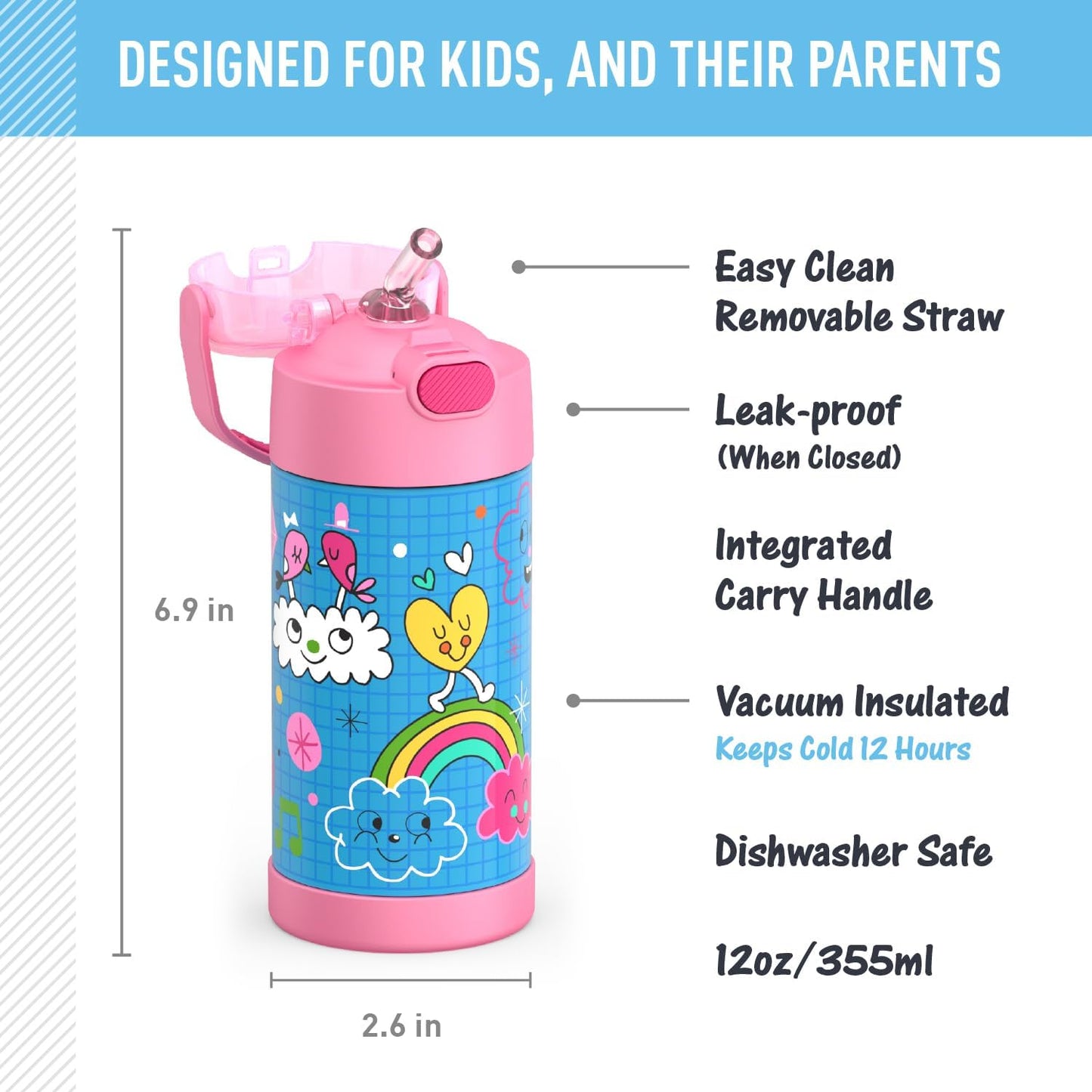 THERMOS FUNTAINER Water Bottle - 12 Ounce Kids Stainless Steel Vacuum Insulated Bottle with Straw