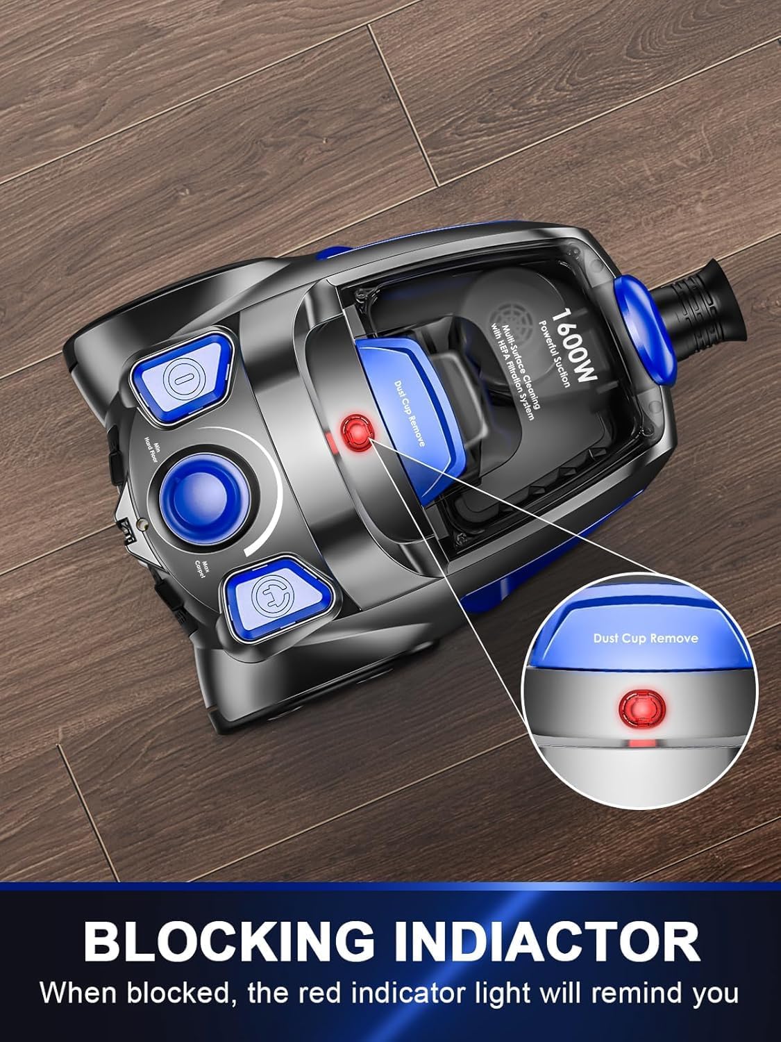 Regine Switzerland Canister Vacuum Cleaner - 40Kpa 1600W Cyclone Power, Lightweight & Bagless for Home | 3.7QT Dust Cup, Blue