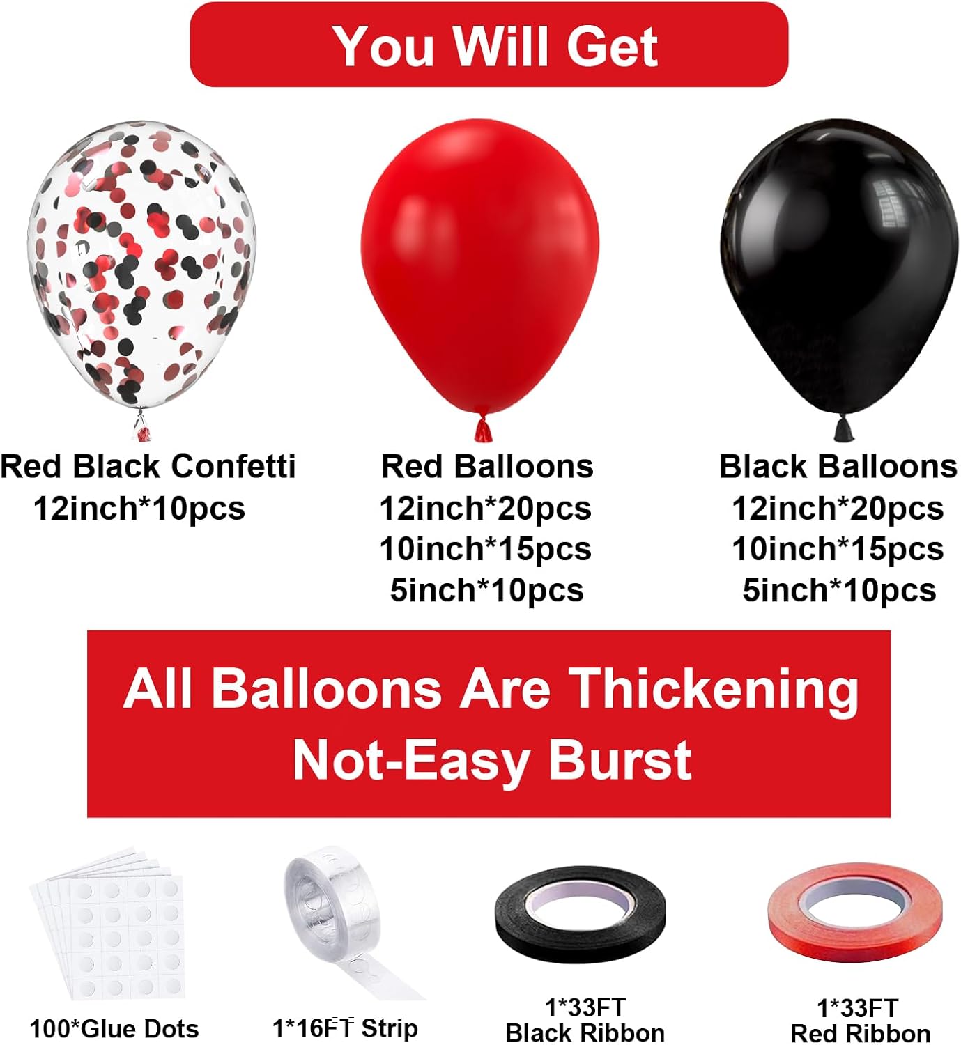 Bezente Red & Black Balloons Garland Kit - 100 Pcs Confetti & Solid Balloons for Party Decor
