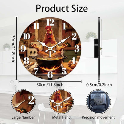 Yoga Chicken Pattern Wall Clock 12-Inch - MDF Round Clock with White Hands, Humor Home Decor