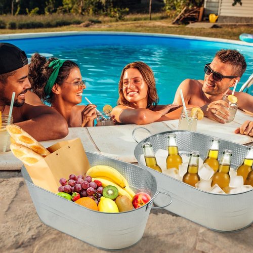2 PCS 15.3 x 9 x 6 inches Silver Metal Galvanized Tub with Handles, 3 Gallon Galvanized Beverage Tubs for Parties, Large Metal Drink Ice Buckets for Beer, Wine, Cocktails & Outdoor Events