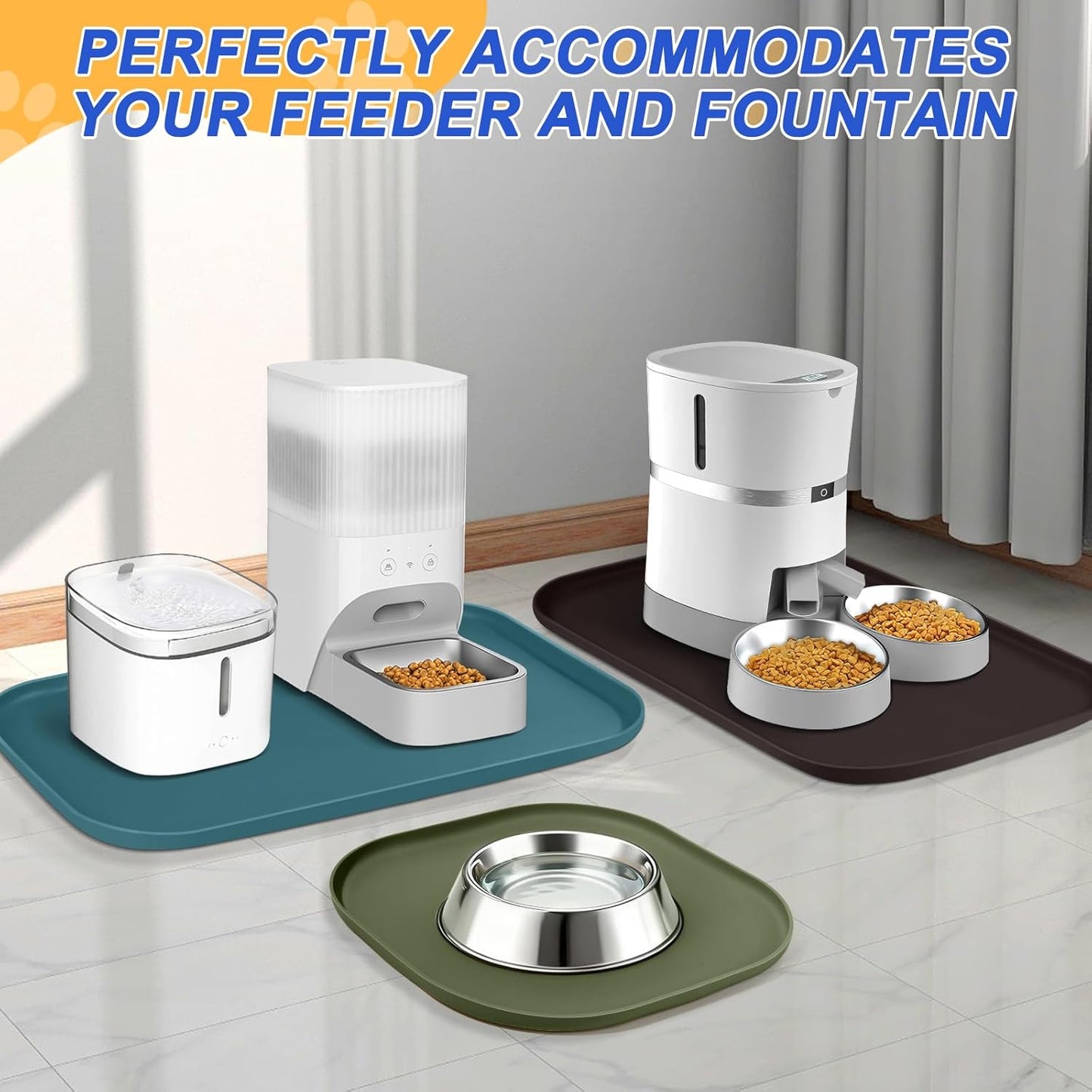 Skiennix Silicone Pet Feeding Mat - Waterproof Dog & Cat Bowl Placemat with Raised Edge | 19 x 12 x 0.7 Dark Beige