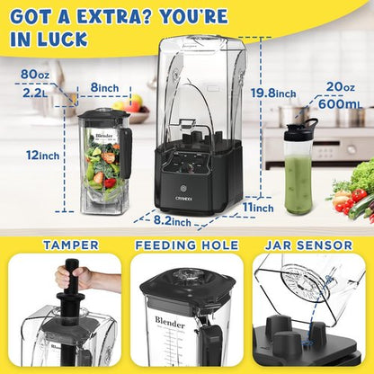 CRANDDI Commercial Blender - 2200 Watt Quiet Countertop Blender with 80oz Pitcher | Smoothie Maker in K90 Grey