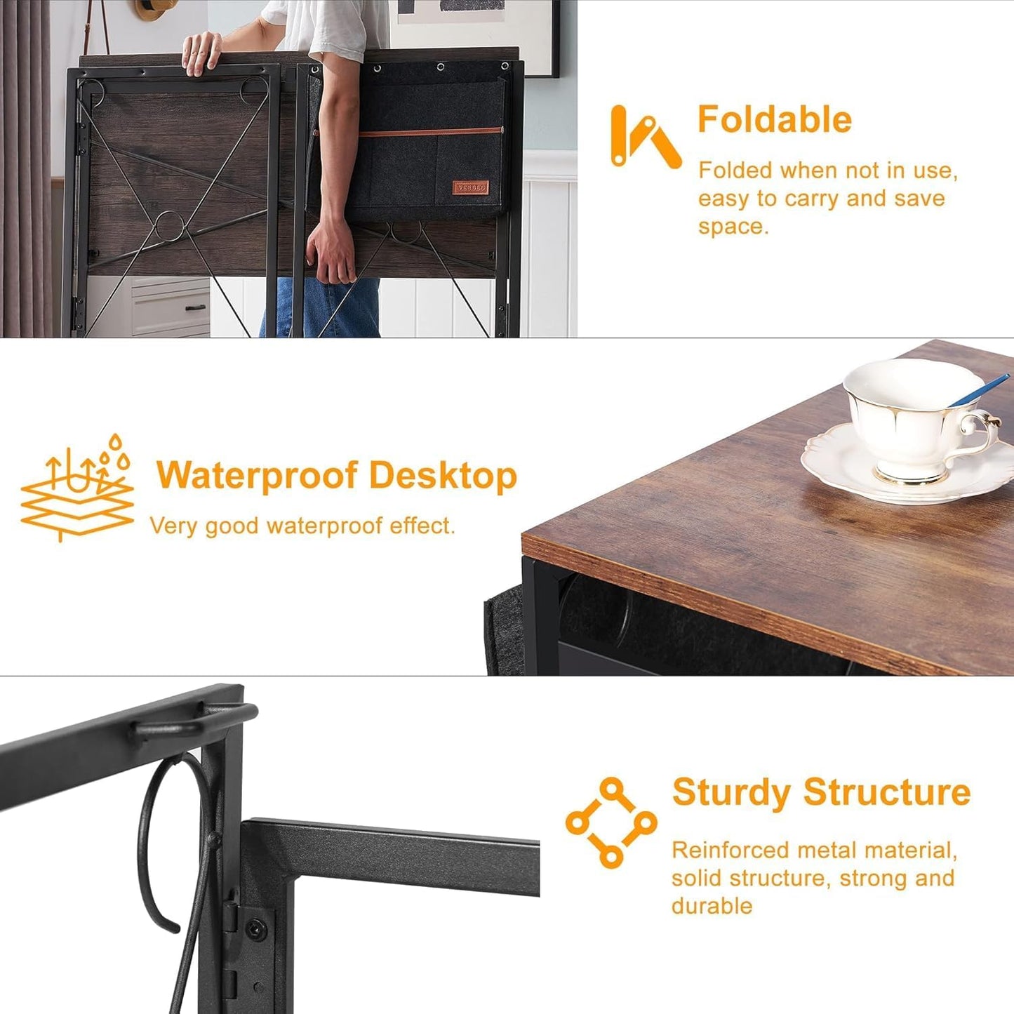 VECELO 39-Inch Folding Desk - Compact Writing Computer Desk for Home Office | Classic Brown Finish