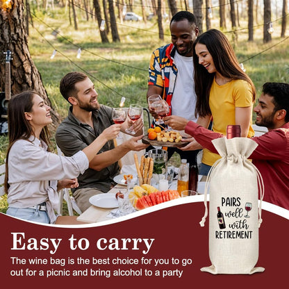 Pairs Well With Retirement Canvas Wine Tote Bag, Funny Retirement Farewell Gifts for Retiree Colleague Leader Boss Mentor Wine Lover, Retirements Party Wine Bottle Gift Bag with Drawstring